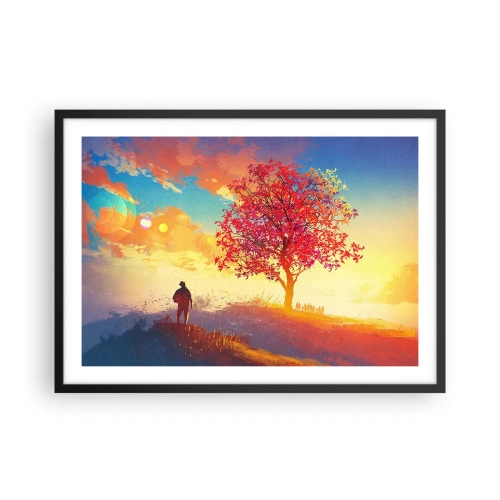Affiche dans un cadre noir - Poster - Une silhouette sur une colline à côté d'un arbre coloré à la lumière du soleil couchant - 70x50cm - Pèlerin à destination - Décoration murale moderne pour le salon et la chambre ARTTOR