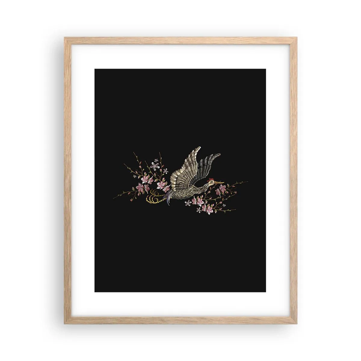 Affiche dans un chêne clair - Poster - Oiseau brodé exotique - 40x50 cm