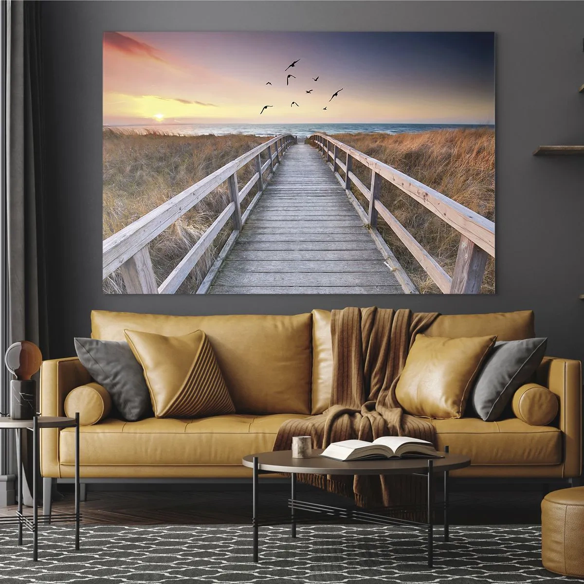 Impression sur verre - Image sur verre - Une passerelle en bois sur les dunes menant à la plage au coucher du soleil - 100x70cm - Envol des espaces - Décoration murale moderne pour le salon et la chambre ARTTOR
