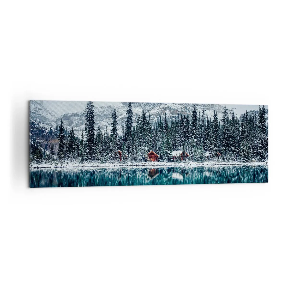 Impression sur toile - Image sur toile - Paysage d'hiver avec des chalets dans la forêt au bord d'un lac gelé - 160x50cm - Retraite canadienne - Décoration murale moderne pour le salon et la chambre ARTTOR