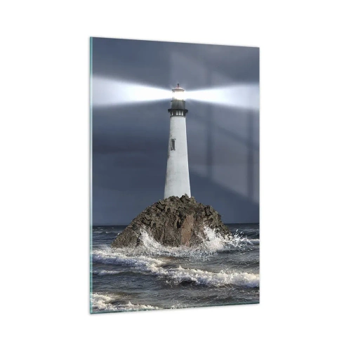 Impression sur verre - Image sur verre - Un phare sur un rocher entouré d'une mer agitée - 80x120cm - I… i… ici ! - Décoration murale moderne pour le salon et la chambre ARTTOR