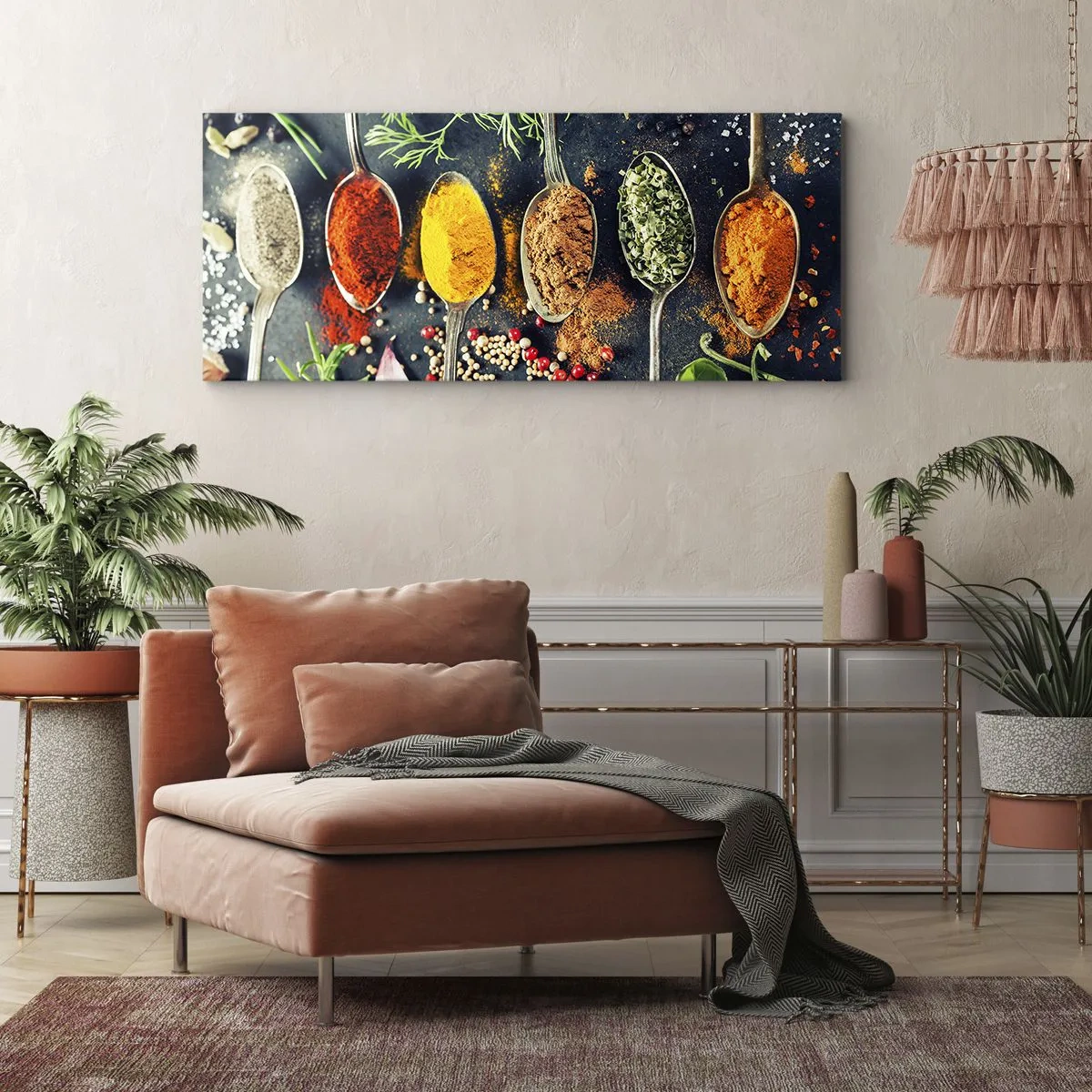 Impression sur toile - Image sur toile - Épices colorées sur des cuillères avec des herbes en arrière-plan - 120x50cm - Magie culinaire - Décoration murale moderne pour le salon et la chambre ARTTOR