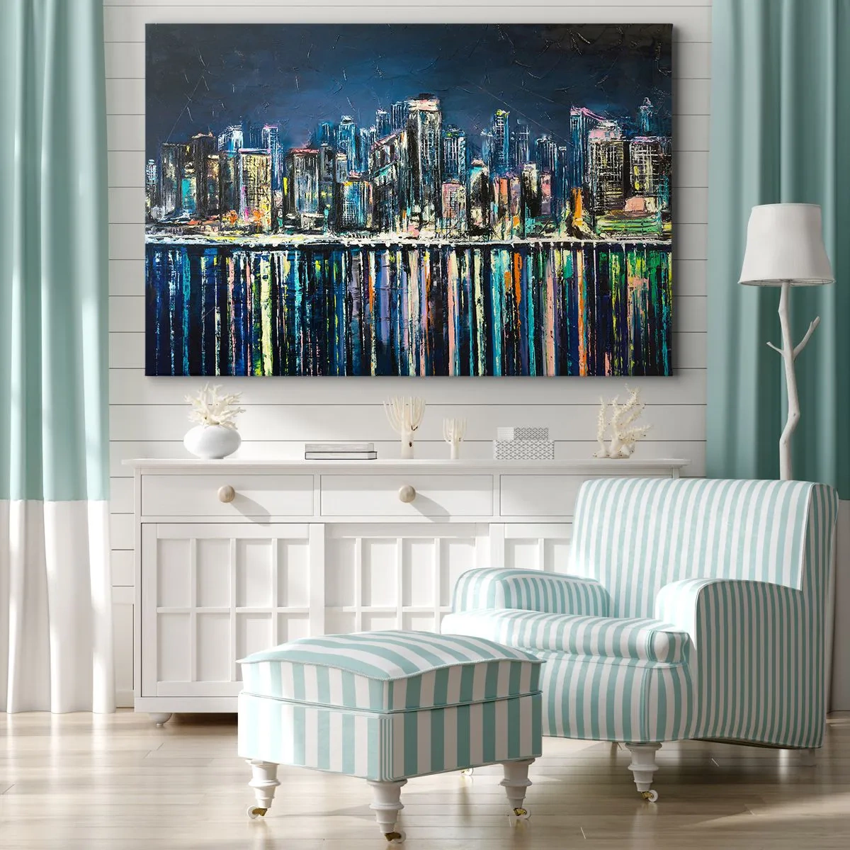 Impression sur toile - Image sur toile - Panorama de la ville nocturne reflétée dans l'eau - 70x50cm - Cascade de lumières - Décoration murale moderne pour le salon et la chambre ARTTOR