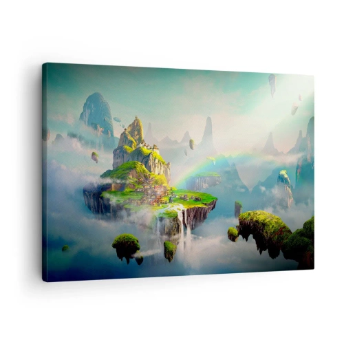 Impression sur toile - Image sur toile - Des îles volantes parmi les nuages avec un arc-en-ciel à l'horizon - 70x50cm - Au milieu des cieux - îles du bonheur - Décoration murale moderne pour le salon et la chambre ARTTOR