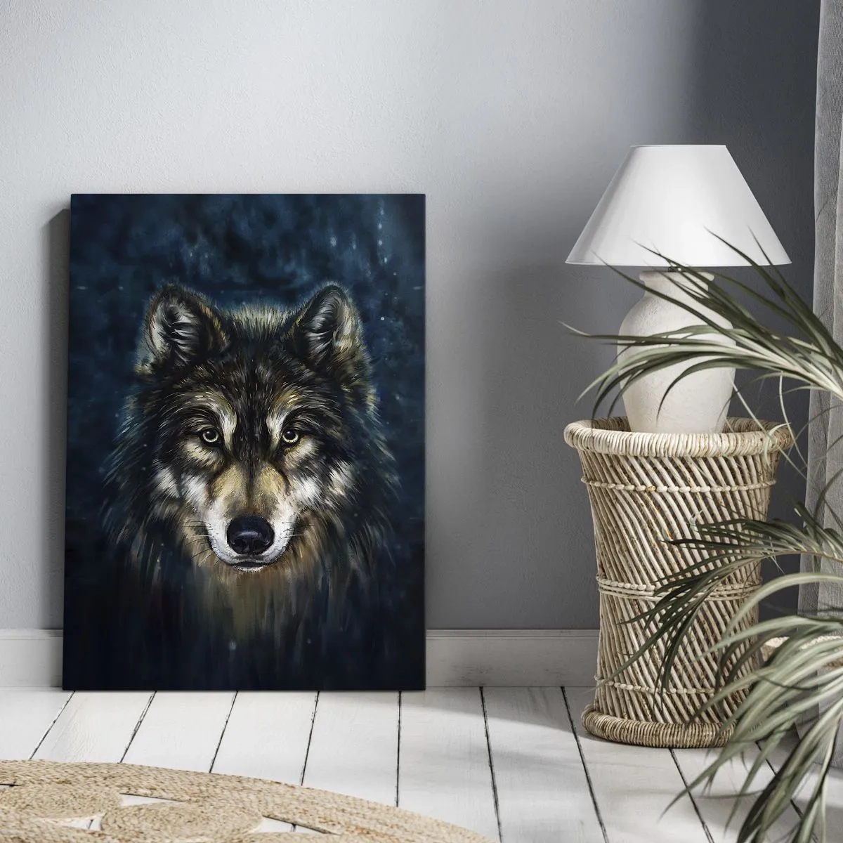 Impression sur toile - Image sur toile - Portrait d'un loup sur fond bleu foncé - 70x100cm - Alpha? Et oméga - Décoration murale moderne pour le salon et la chambre ARTTOR