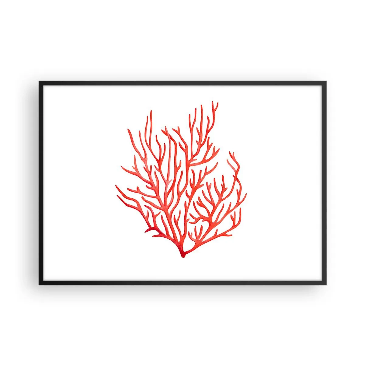 Affiche dans un cadre noir - Poster - Corail rouge sur fond blanc dans un style minimaliste - 100x70cm - Filigrane de corail - Décoration murale moderne pour le salon et la chambre ARTTOR