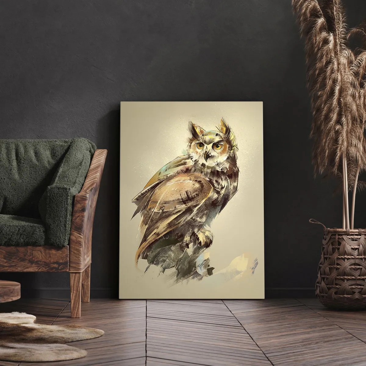Impression sur toile - Image sur toile - Portrait artistique d'un hibou sur un fond clair dans des tons chauds. - 50x70cm - Le hibou le plus intelligent - confirmera la forêt de chênes - Décoration murale moderne pour le salon et la chambre ARTTOR