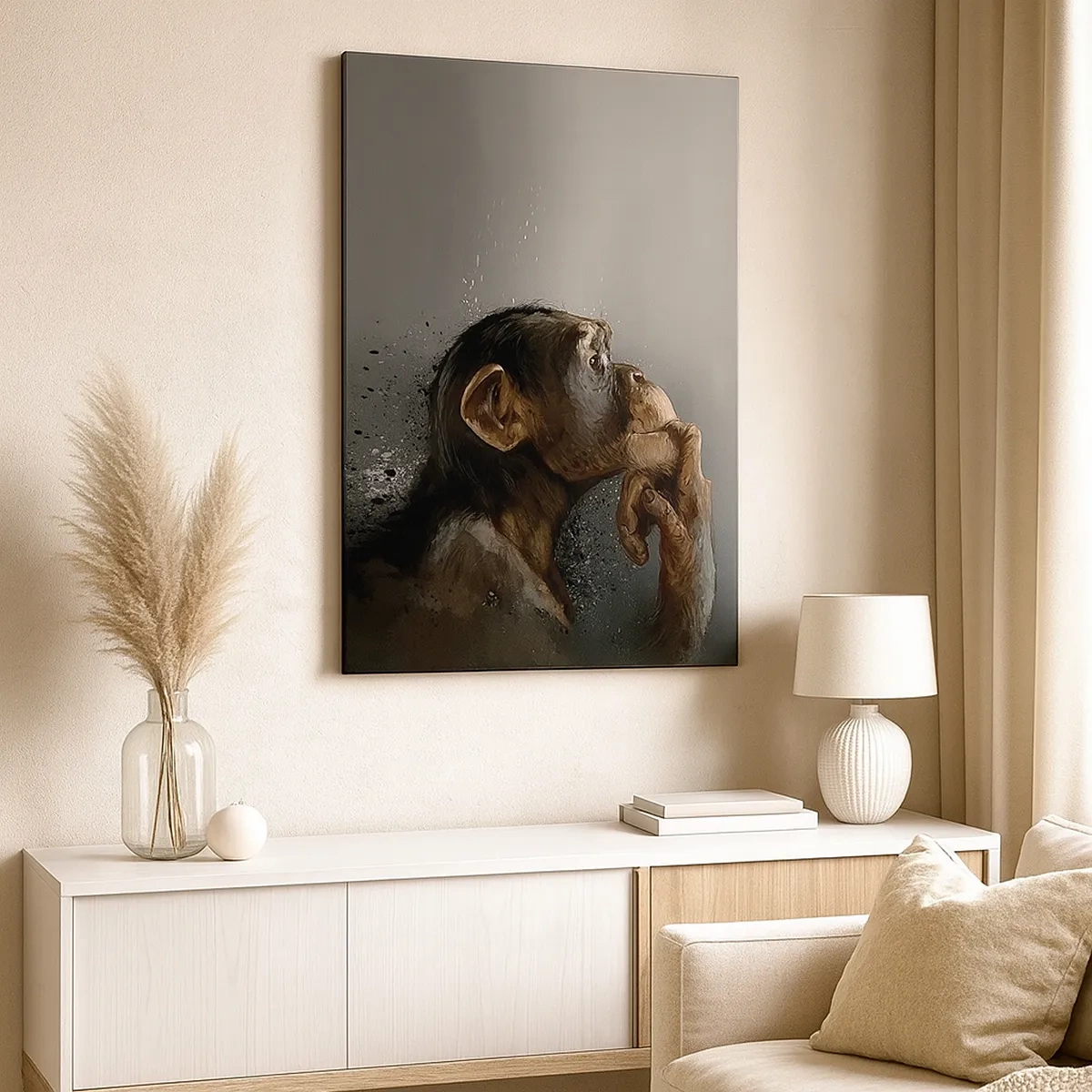 Impression sur toile - Image sur toile - Portrait d'un singe dans une pose réfléchissante sur fond gris - 50x70cm - Certainement un penseur - Décoration murale moderne pour le salon et la chambre ARTTOR