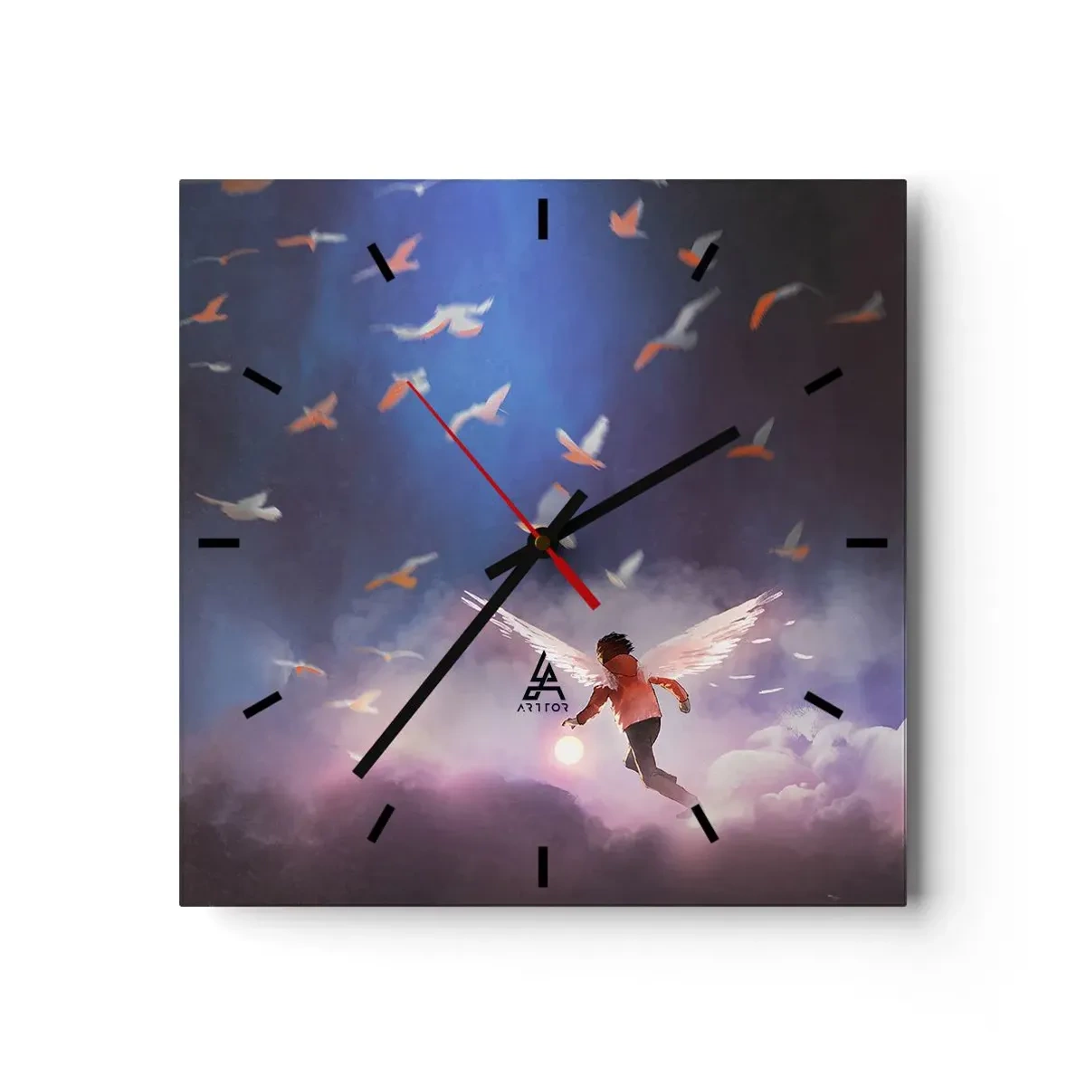 Horloge murale - Pendule murale - Une figure avec des ailes d'ange flottant parmi les oiseaux dans le ciel - 30x30cm - Il faut de l'imagination et du courage - Décoration murale moderne pour le salon et la chambre ARTTOR
