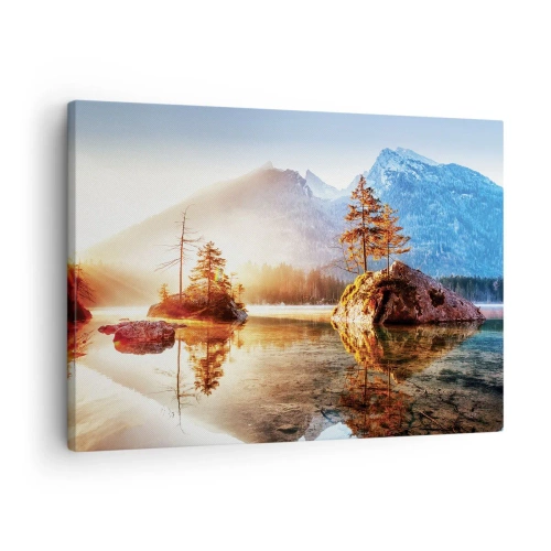 Impression sur toile - Image sur toile - Un lac avec des îles et des montagnes en arrière-plan au lever du soleil - 70x50cm - La nature sous un nouveau jour - Décoration murale moderne pour le salon et la chambre ARTTOR