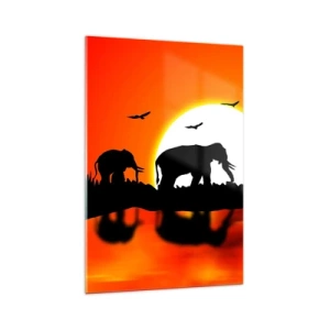 Impression sur verre - Image sur verre - Silhouettes d'éléphants au coucher du soleil sur l'eau avec reflet - 70x100cm - Et le soir pour un petit verre - Décoration murale moderne pour le salon et la chambre ARTTOR