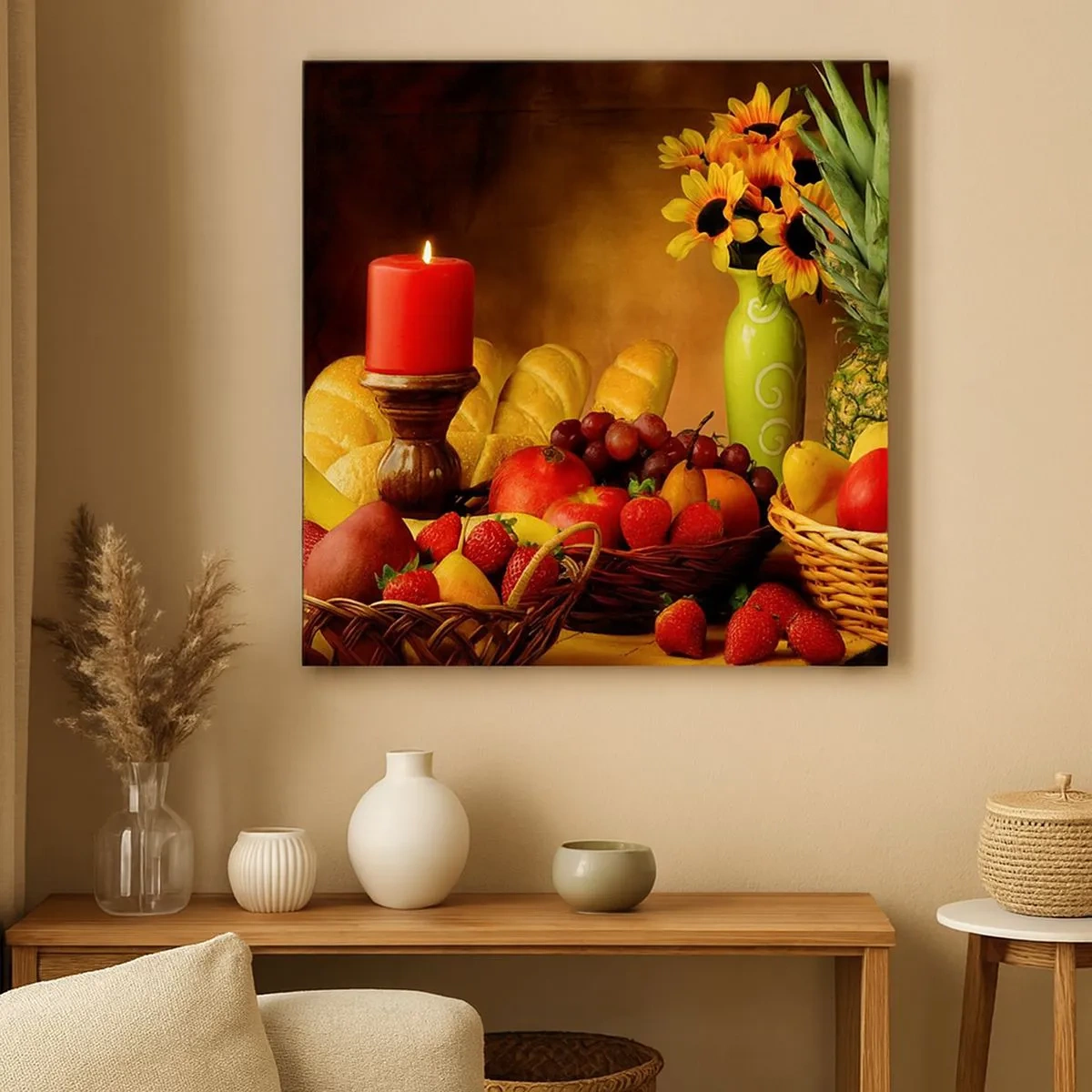 Impression sur toile - Image sur toile - Nature morte de pain et de fruits - 30x30 cm