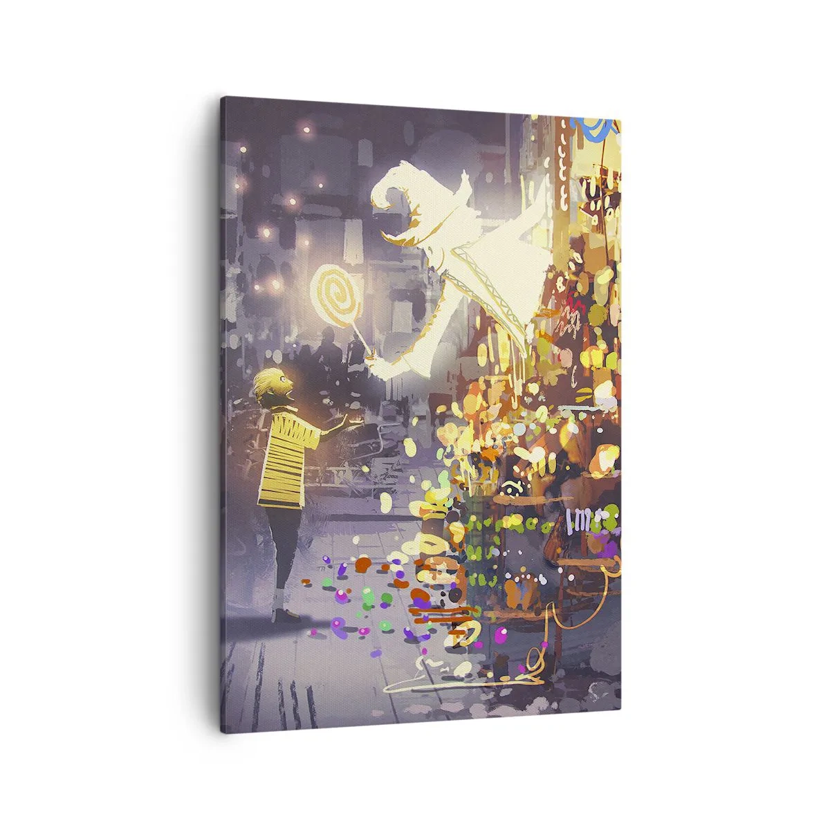 Impression sur toile - Image sur toile - Un personnage de conte de fées et un enfant dans une rue pleine de lumières et de magie - 50x70cm - La magie existe - Décoration murale moderne pour le salon et la chambre ARTTOR