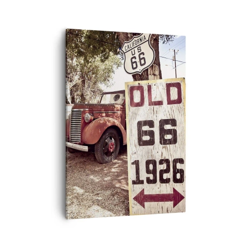 Impression sur toile - Image sur toile - Voiture rétro et panneau Route 66 dans un cadre rustique - 50x70cm - La légende de la province américaine - Décoration murale moderne pour le salon et la chambre ARTTOR