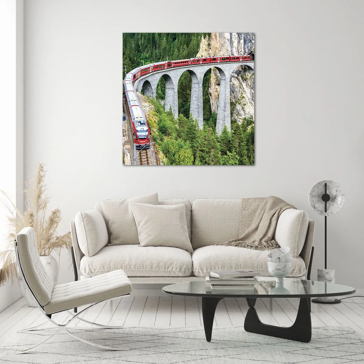 Impression sur verre - Image sur verre - Chemin de fer avec vue sur la montagne - 70x70 cm