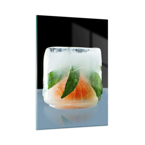 Impression sur verre - Image sur verre - Fruits et feuilles congelés dans de la glace transparente - 50x70cm - Fraîcheur et rafraîchissement - Décoration murale moderne pour le salon et la chambre ARTTOR