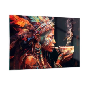 Impression sur verre - Image sur verre - Une figure portant une coiffe à plumes buvant une potion dans une atmosphère mystique - 120x80cm - Rituel magique - Décoration murale moderne pour le salon et la chambre ARTTOR