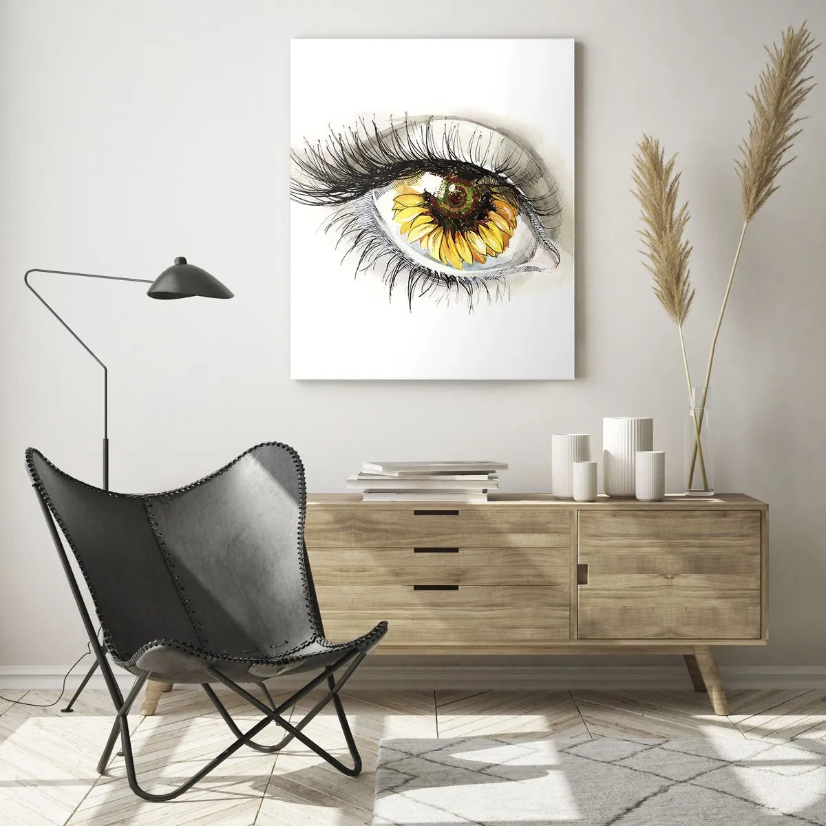 Impression sur verre - Image sur verre - Œil artistique avec un iris en forme de tournesol - 80x120cm - Un look aussi chaud que l'été - Décoration murale moderne pour le salon et la chambre ARTTOR