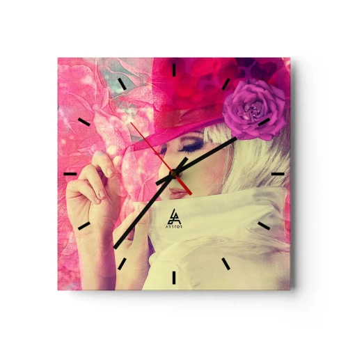 Horloge murale - Pendule murale - Femme élégante avec un chapeau rose avec une fleur - 30x30cm - Portrait rétro dans une brume rose - Décoration murale moderne pour le salon et la chambre ARTTOR