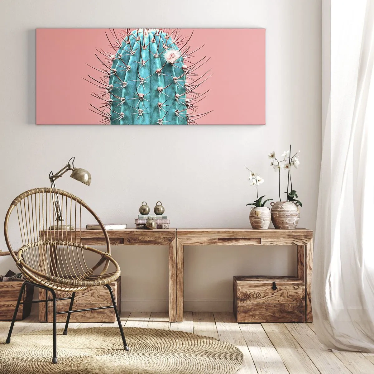 Impression sur toile - Image sur toile - Une interprétation artistique d'un cactus sur fond rose - 160x50cm - Juste regarde - Décoration murale moderne pour le salon et la chambre ARTTOR
