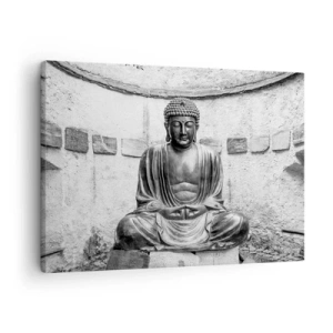Impression sur toile - Image sur toile - Statue de Bouddha noir et blanc dans une pose méditative - 70x50cm - A la source de la paix - Décoration murale moderne pour le salon et la chambre ARTTOR