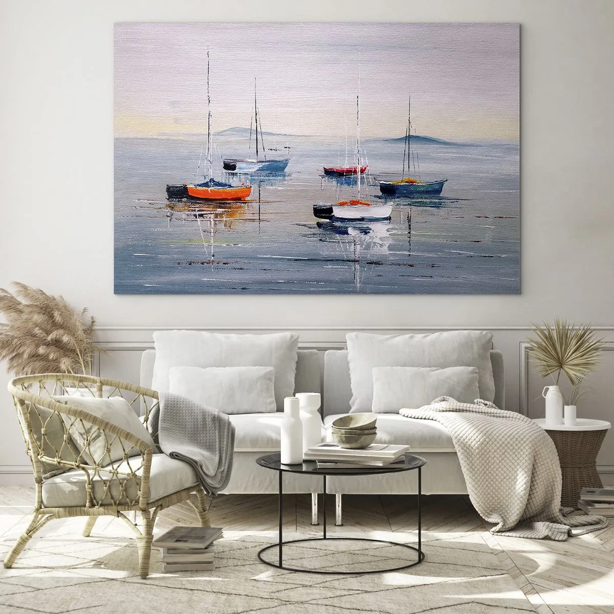 Impression sur verre - Image sur verre - Bateaux colorés dérivant sur l'eau calme au coucher du soleil - 100x70cm - Un repos bien mérité - Décoration murale moderne pour le salon et la chambre ARTTOR