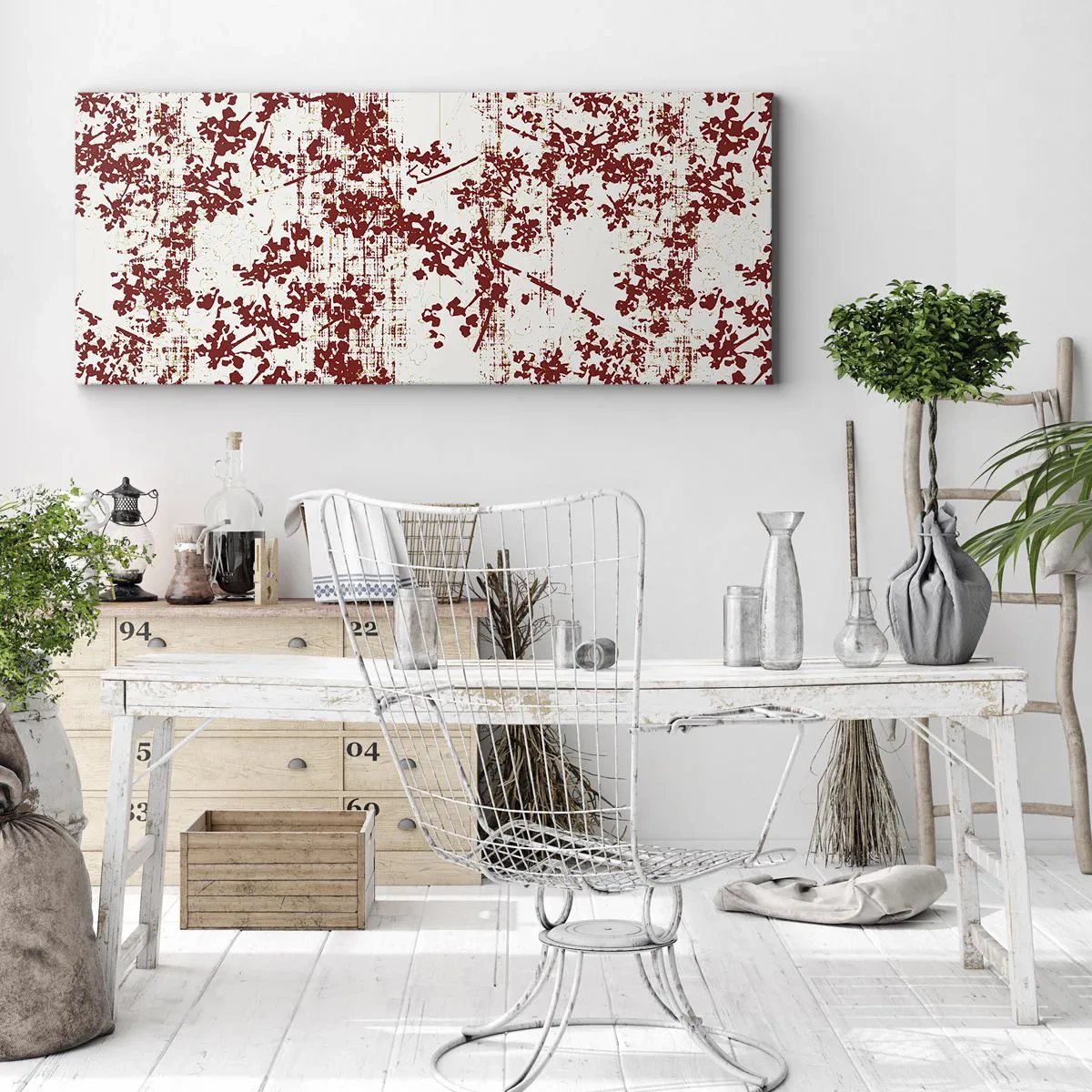 Impression sur toile - Image sur toile - Fleurs rouges sur fond blanc dans un style artistique - 120x50cm - Comme un calicot ancien - Décoration murale moderne pour le salon et la chambre ARTTOR