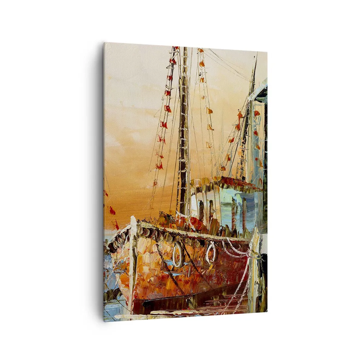 Impression sur toile - Image sur toile - Bateaux sur le rivage dans la chaude lumière du coucher de soleil - 80x120cm - Retour tranquille - Décoration murale moderne pour le salon et la chambre ARTTOR