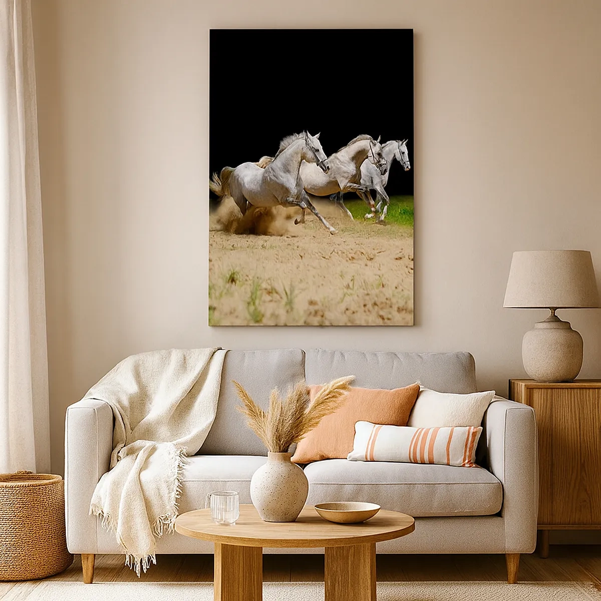 Impression sur toile - Image sur toile - Trois chevaux blancs galopant sur le sable et l'herbe - 50x70cm - Trois Grâces - Décoration murale moderne pour le salon et la chambre ARTTOR