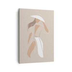 Impression sur toile - Image sur toile - Un dessin minimaliste d'une femme avec un chapeau sur fond beige. - 50x70cm - Lea mode est un jeu - Décoration murale moderne pour le salon et la chambre ARTTOR