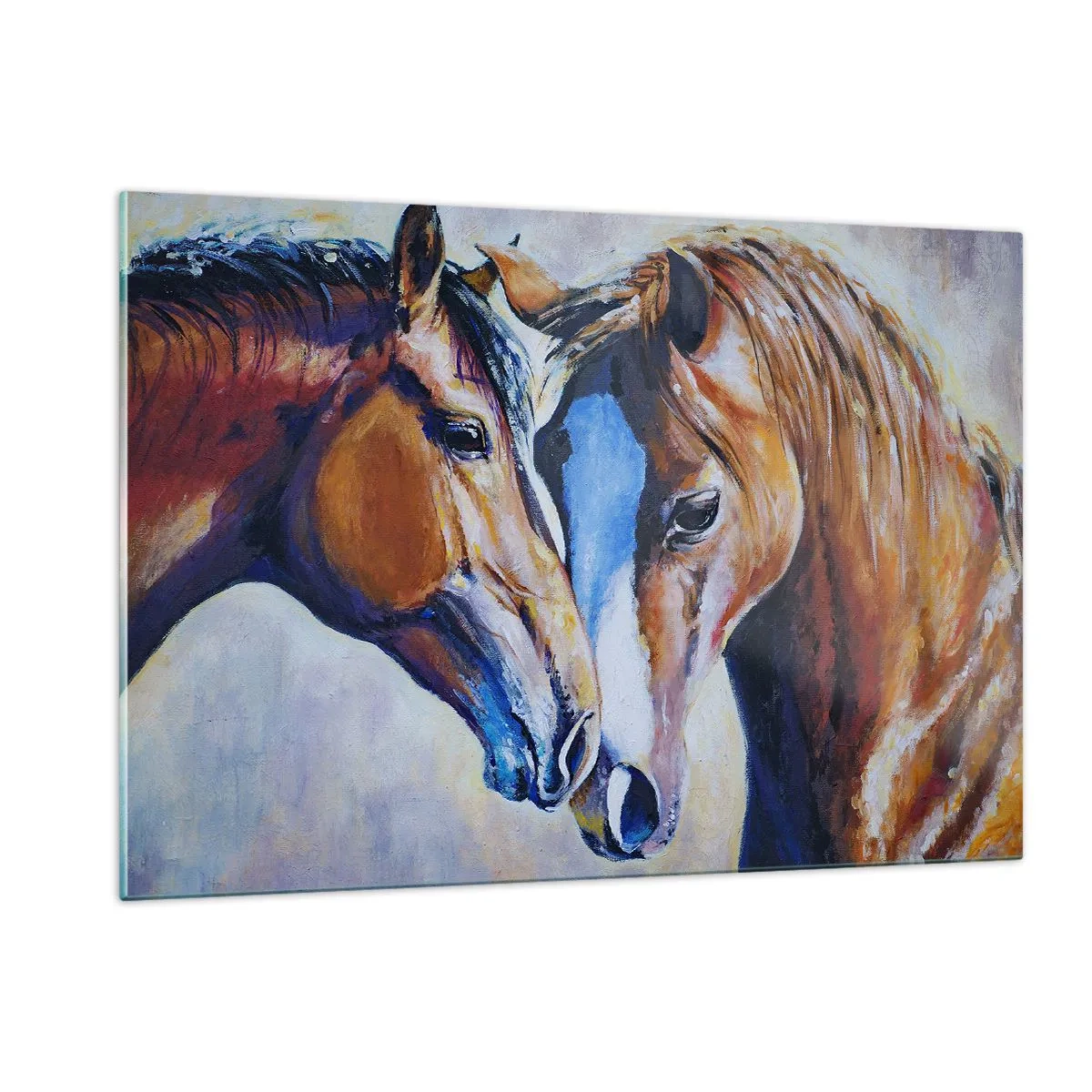Impression sur verre - Image sur verre - Deux chevaux dans un geste tendre de proximité - 120x80cm - Est-ce de l'amitié ? Ou de l'amour ? - Décoration murale moderne pour le salon et la chambre ARTTOR