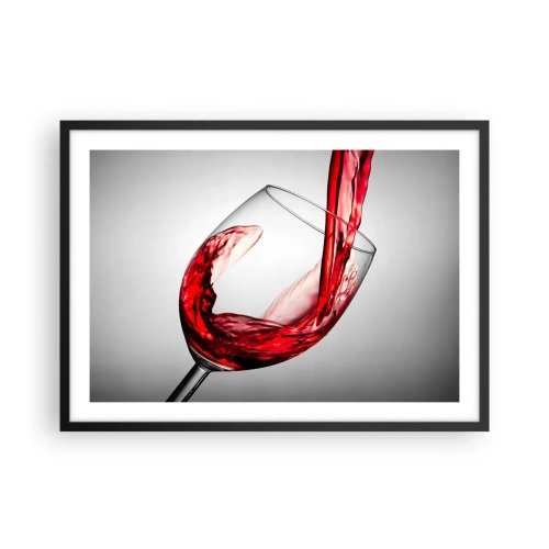 Affiche dans un cadre noir - Poster - Un verre de vin rouge versé sur un fond clair - 70x50cm - Nuance - mouvement - son - Décoration murale moderne pour le salon et la chambre ARTTOR