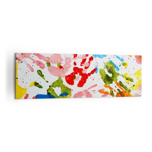 Impression sur toile - Image sur toile - Empreintes de mains colorées sur fond blanc - 160x50cm - Suivez les traces - Décoration murale moderne pour le salon et la chambre ARTTOR