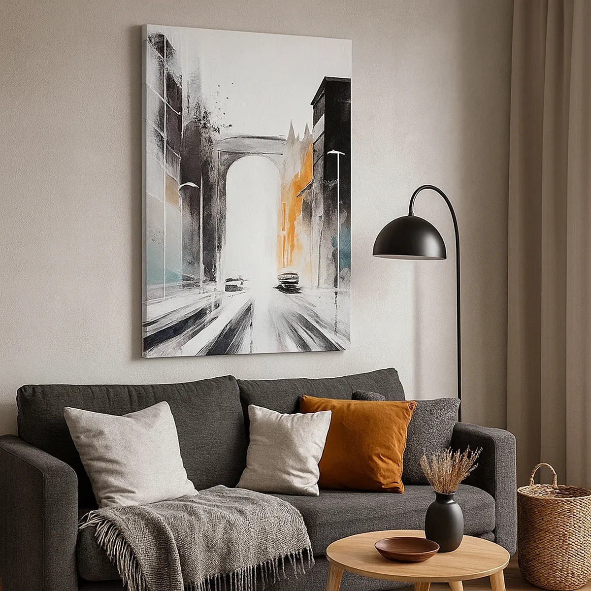 Impression sur toile - Image sur toile - Panorama abstrait de la ville avec un pont en arc - 50x70cm - Étude de ville : architecture et mouvement - Décoration murale moderne pour le salon et la chambre ARTTOR