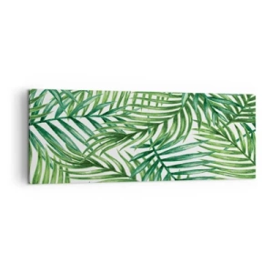 Impression sur toile - Image sur toile - Feuilles de palmier tropicales vertes sur fond clair - 140x50cm - Sous la canopée verte - Décoration murale moderne pour le salon et la chambre ARTTOR