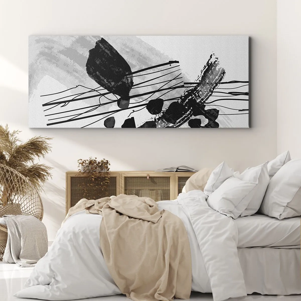 Impression sur toile - Image sur toile - Composition abstraite en noir et blanc avec des formes organiques - 140x50cm - Abstraction organique noir et blanc - Décoration murale moderne pour le salon et la chambre ARTTOR