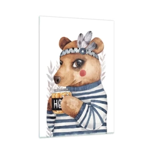 Impression sur verre - Image sur verre - Un ours en peluche dans un pull rayé avec une tasse de miel - 80x120cm - Un nounours trop mignon - Décoration murale moderne pour le salon et la chambre ARTTOR
