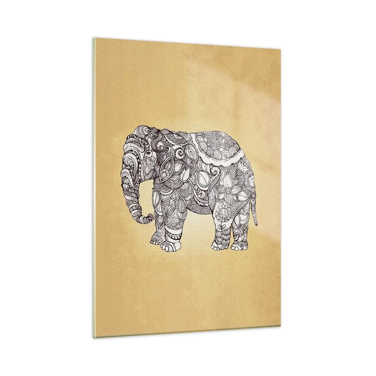 Impression sur verre - Image sur verre - Éléphant noir et blanc avec des motifs orientaux sur fond beige - 50x70cm - L'éléphant s'est apprêté - Décoration murale moderne pour le salon et la chambre ARTTOR