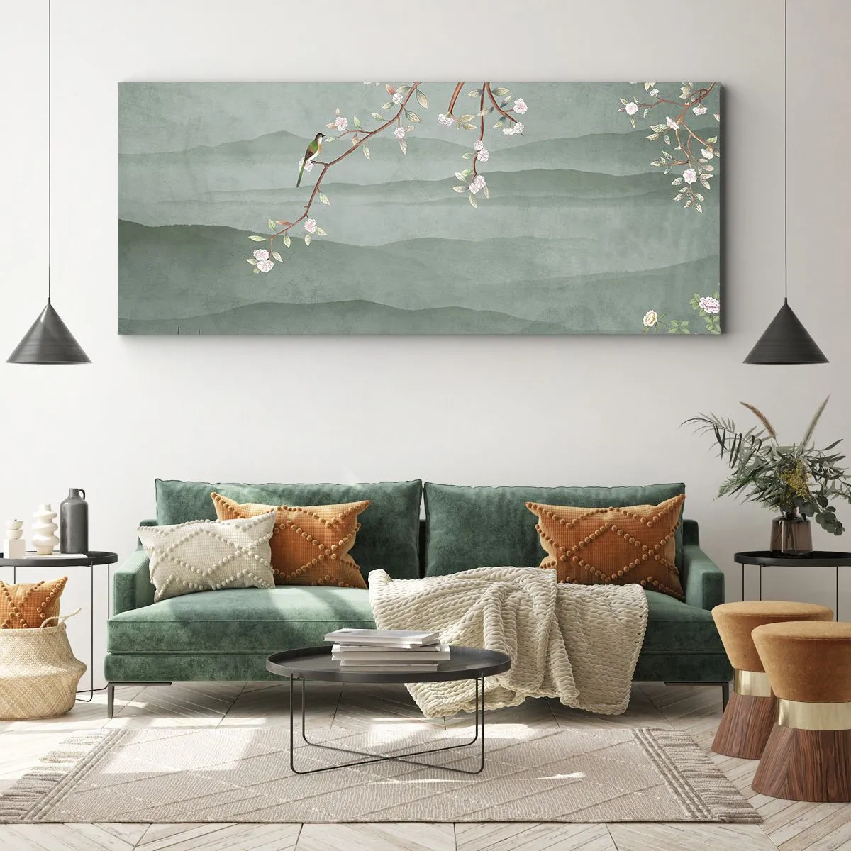Impression sur toile - Image sur toile - Une image pittoresque d'une branche d'arbre en fleurs avec des oiseaux sur fond de collines verdoyantes. - 140x50cm - Printemps oh c'est toi - Décoration murale moderne pour le salon et la chambre ARTTOR