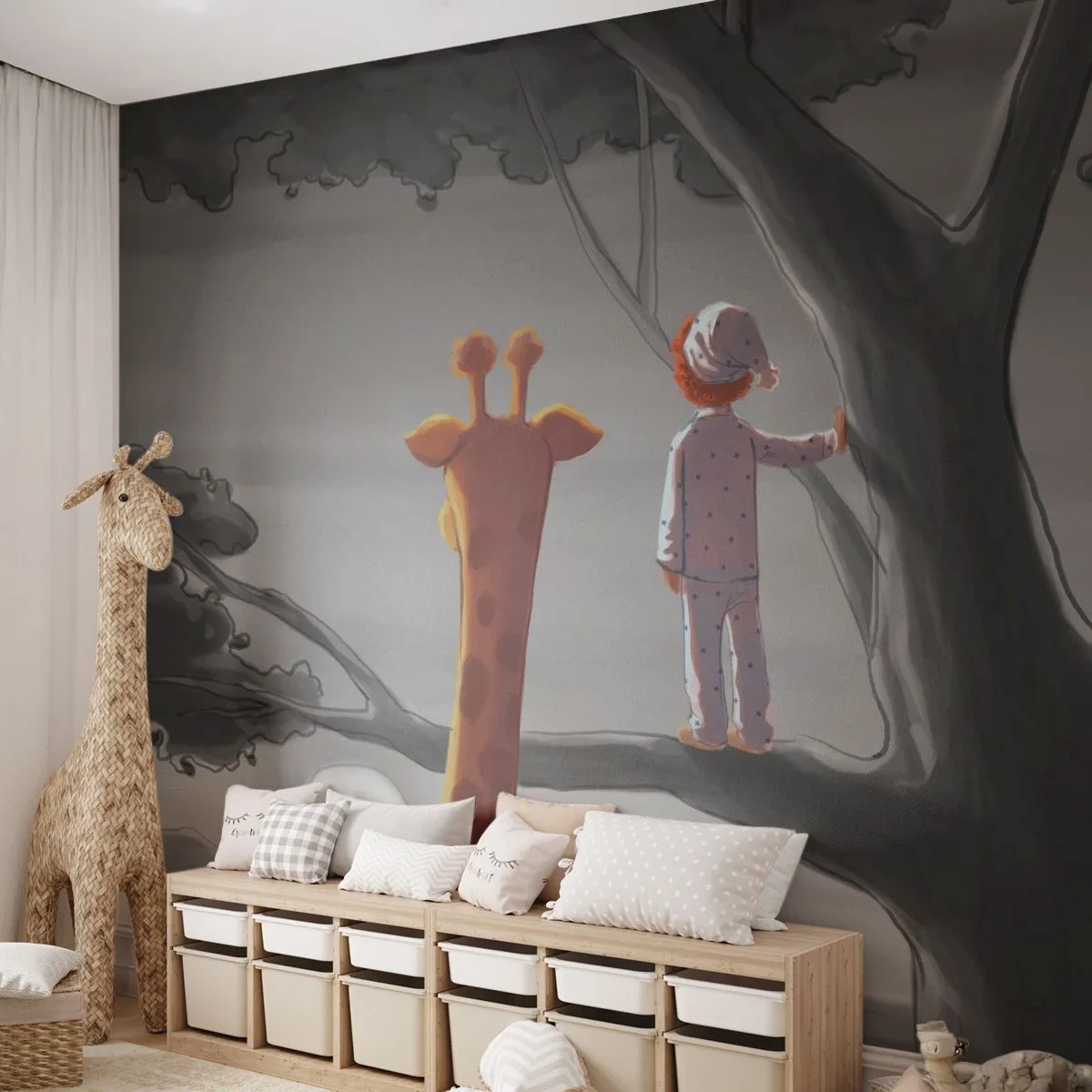 Papier Peint Photo Premium Sand - Un garçon en pyjama et une girafe dans un arbre au lever du soleil - 100x70cm - Cela arrive vraiment - Décoration murale moderne pour le salon et la chambre ARTTOR