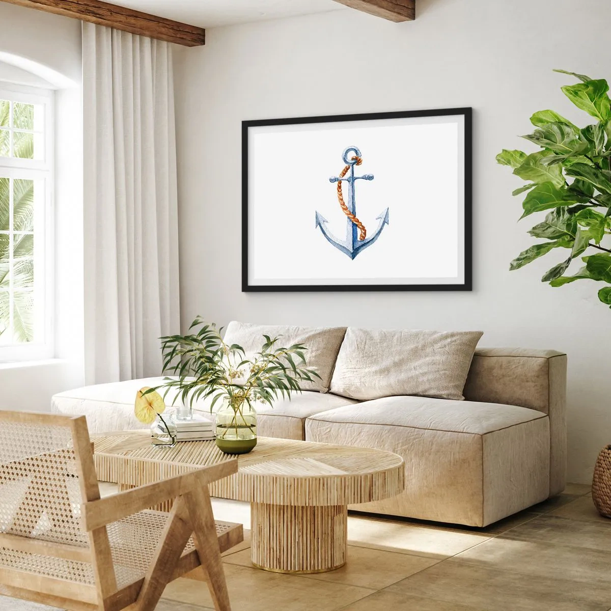 Affiche dans un cadre noir - Poster - Ancre avec corde dans un style aquarelle - 70x50cm - Ah l'aventure ! - Décoration murale moderne pour le salon et la chambre ARTTOR
