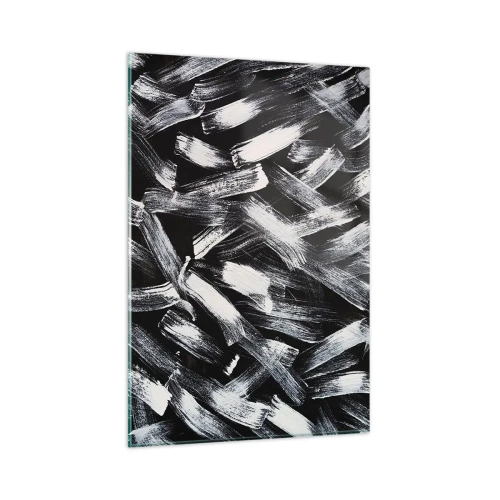 Impression sur verre - Image sur verre - Abstraction dynamique avec des coups de pinceau blancs sur fond noir. - 80x120cm - L'abstraction dans l'esprit industriel - Décoration murale moderne pour le salon et la chambre ARTTOR
