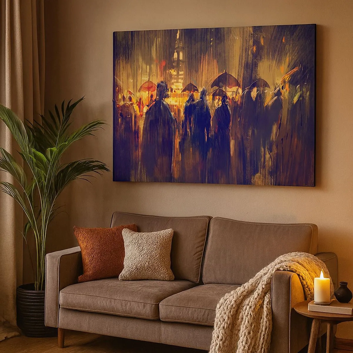Impression sur toile - Image sur toile - Personnages avec des parapluies dans une ville pluvieuse la nuit - 70x50cm - Adeptes de la pluie - Décoration murale moderne pour le salon et la chambre ARTTOR