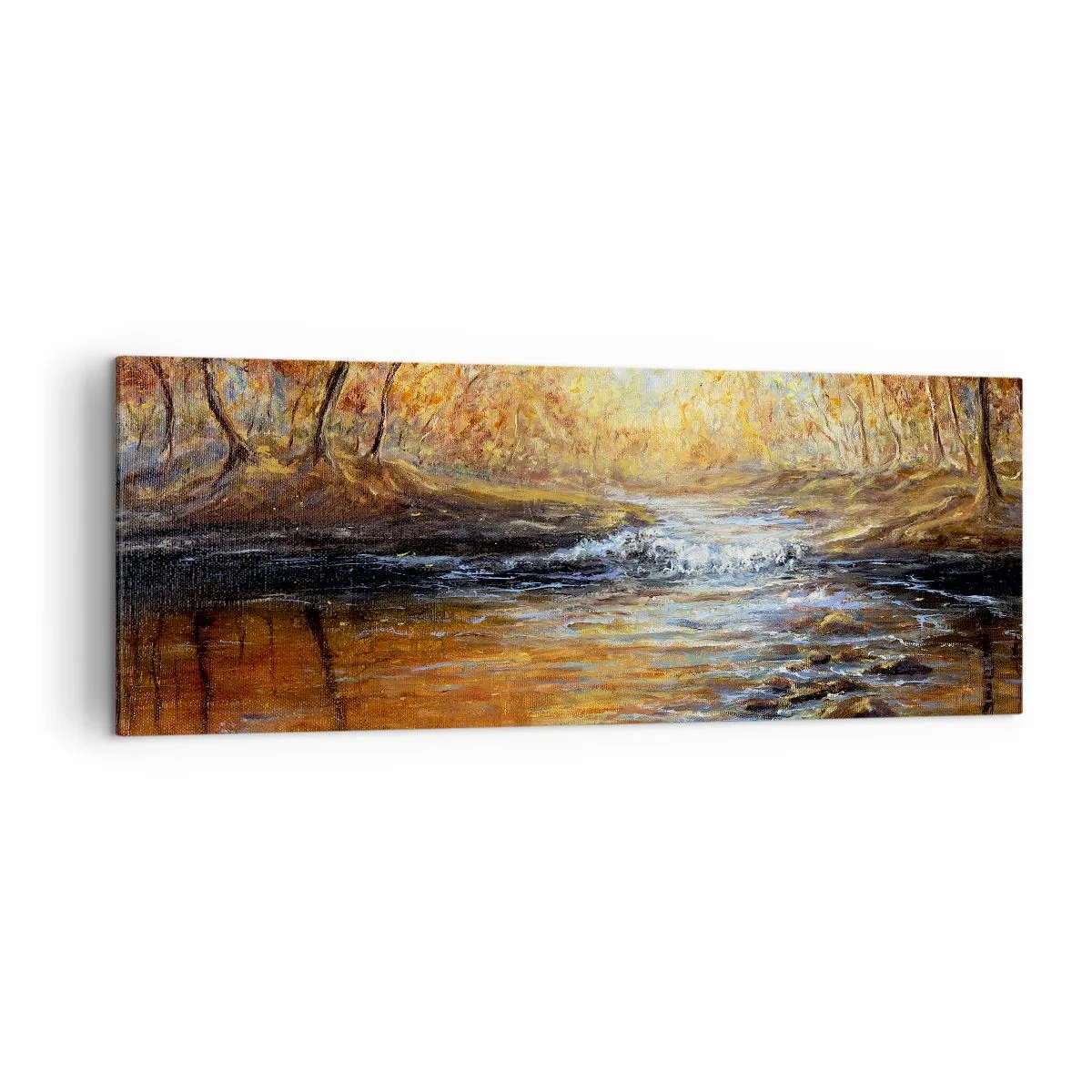 Impression sur toile - Image sur toile - Paysage d'automne avec une rivière parmi les arbres - 140x50cm - Le ruisseau d'or - Décoration murale moderne pour le salon et la chambre ARTTOR