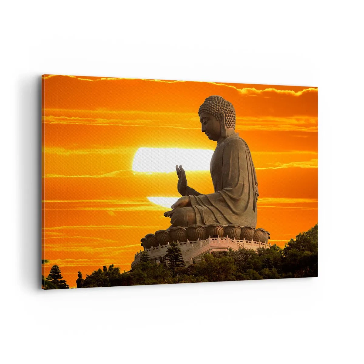Impression sur toile - Image sur toile - Une statue bouddhiste sur fond de coucher de soleil orange - 100x70cm - Aucune peur du monde - Décoration murale moderne pour le salon et la chambre ARTTOR