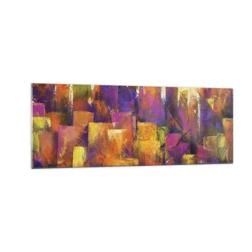 Impression sur verre - Image sur verre - Composition abstraite d'une métropole dans les tons jaune et violet - 140x50cm - Composition métropolitaine - Décoration murale moderne pour le salon et la chambre ARTTOR