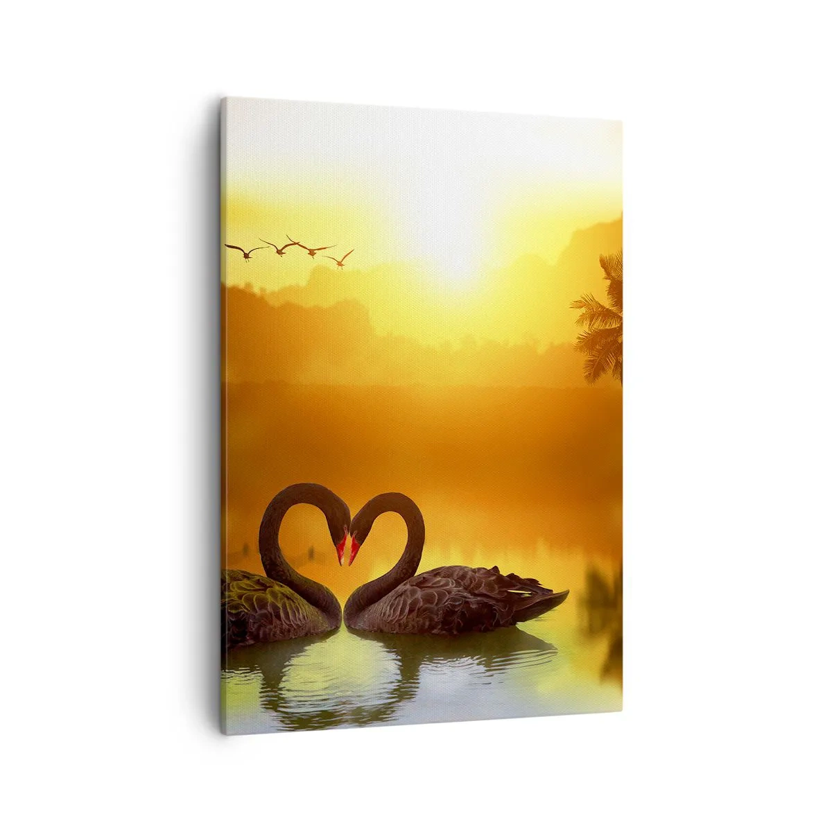 Impression sur toile - Image sur toile - Deux cygnes noirs formant un cœur sur fond de coucher de soleil sur un lac - 50x70cm - Tout va ensemble - Décoration murale moderne pour le salon et la chambre ARTTOR
