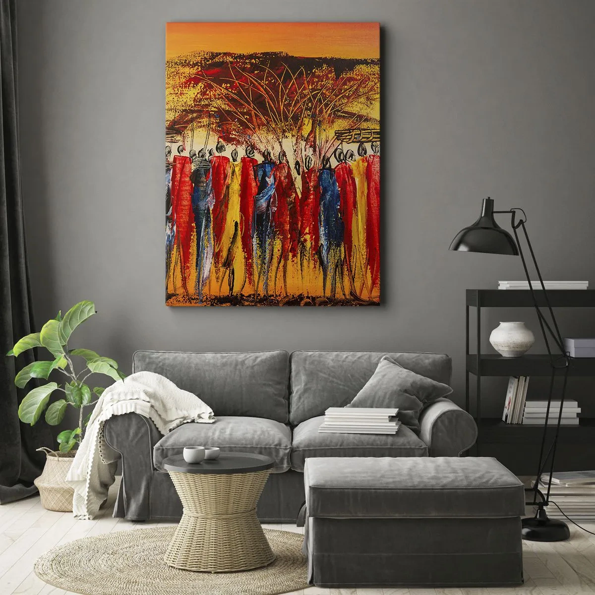 Impression sur toile - Image sur toile - Une scène colorée avec des personnages africains sur fond de soleil couchant. - 80x120cm - Là-bas, là-bas, ils vont là-bas - Décoration murale moderne pour le salon et la chambre ARTTOR