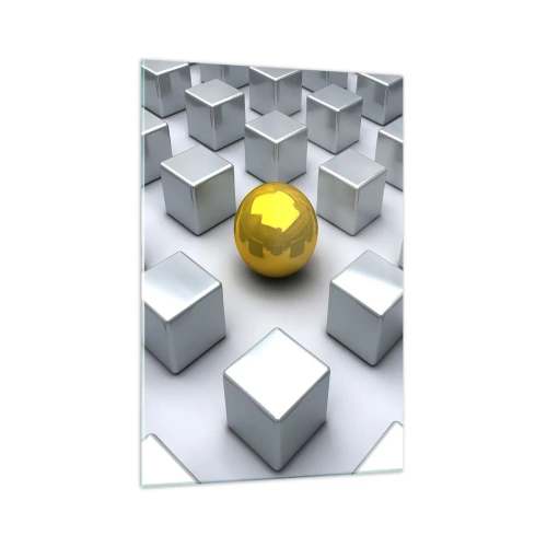 Impression sur verre - Image sur verre - Une sphère dorée se détachant parmi les cubes d'argent - 70x100cm - Pourquoi moi? Composition géométrique - Décoration murale moderne pour le salon et la chambre ARTTOR