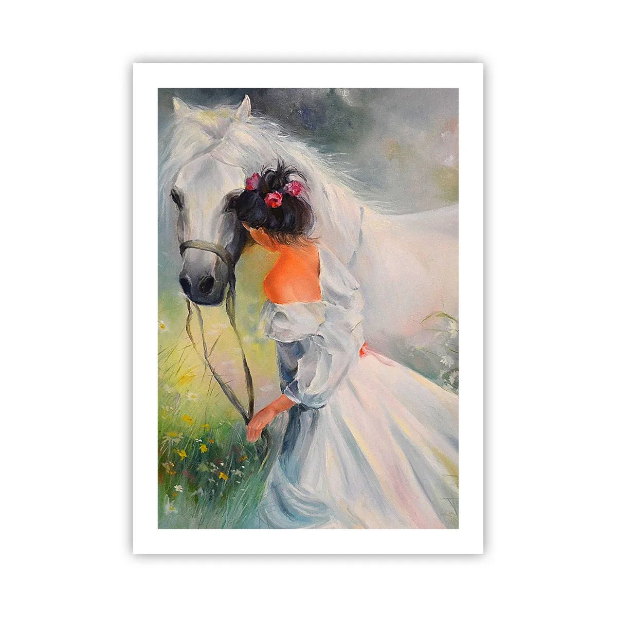 Affiche - Poster - Une femme avec un cheval blanc dans un style pictural - 50x70cm - Comme dans un beau rêve - Décoration murale moderne pour le salon et la chambre ARTTOR